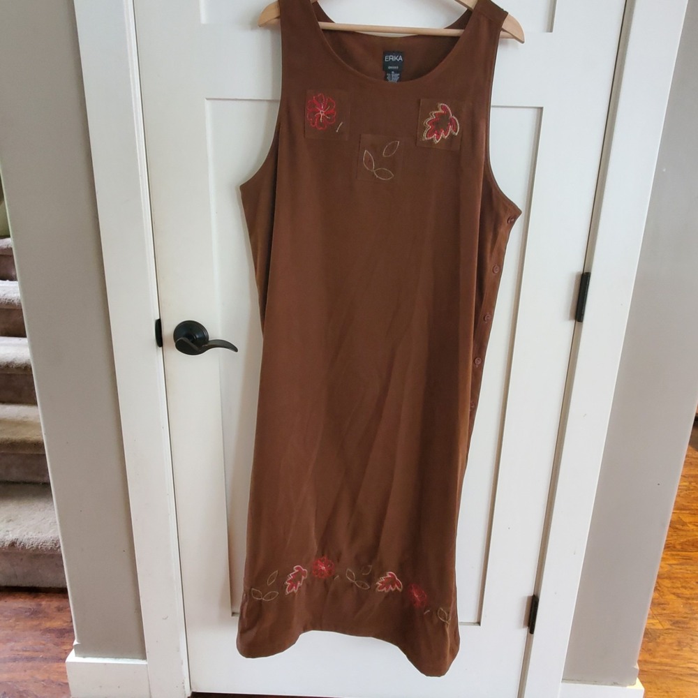 Vintage Jumper Midi Dress Womens XL Brown Fall Floral Embroidered Faux Suede 90s